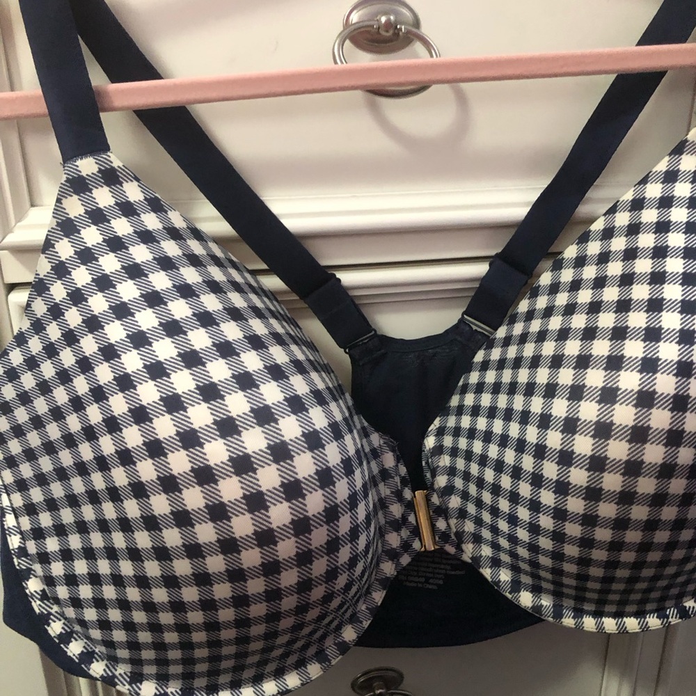 Vintage Catherine’s Front Close Racer Back Navy & White Gingham Bra, NWOT, 52DD